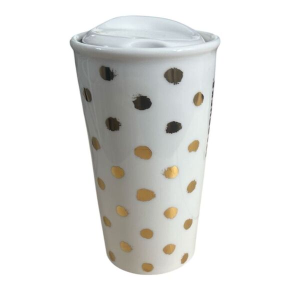 Starbucks 2014 Gold Dots White Ceramic Coffee Mug 12 oz Double Wall Ceramic Lid - Picture 3 of 8
